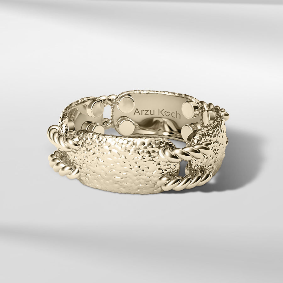 18k Solid Gold Link Ring With Modern Dome Texture Look 